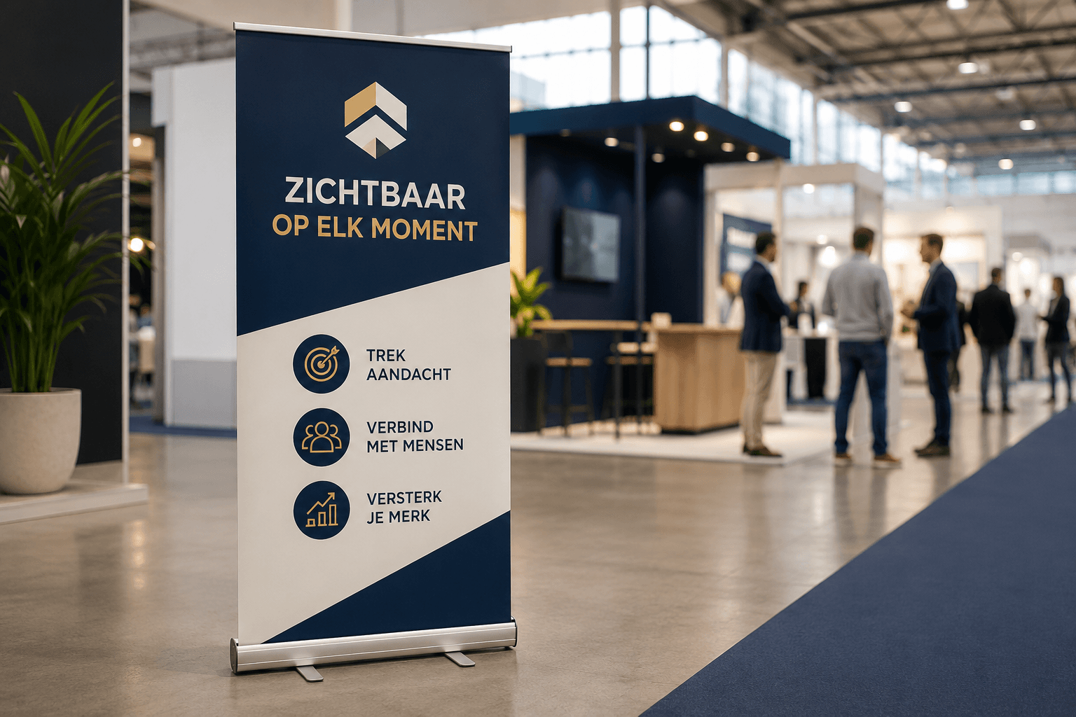 Roll-up banner naast een beursstand in een tentoonstellingshal, met bezoekers op de achtergrond