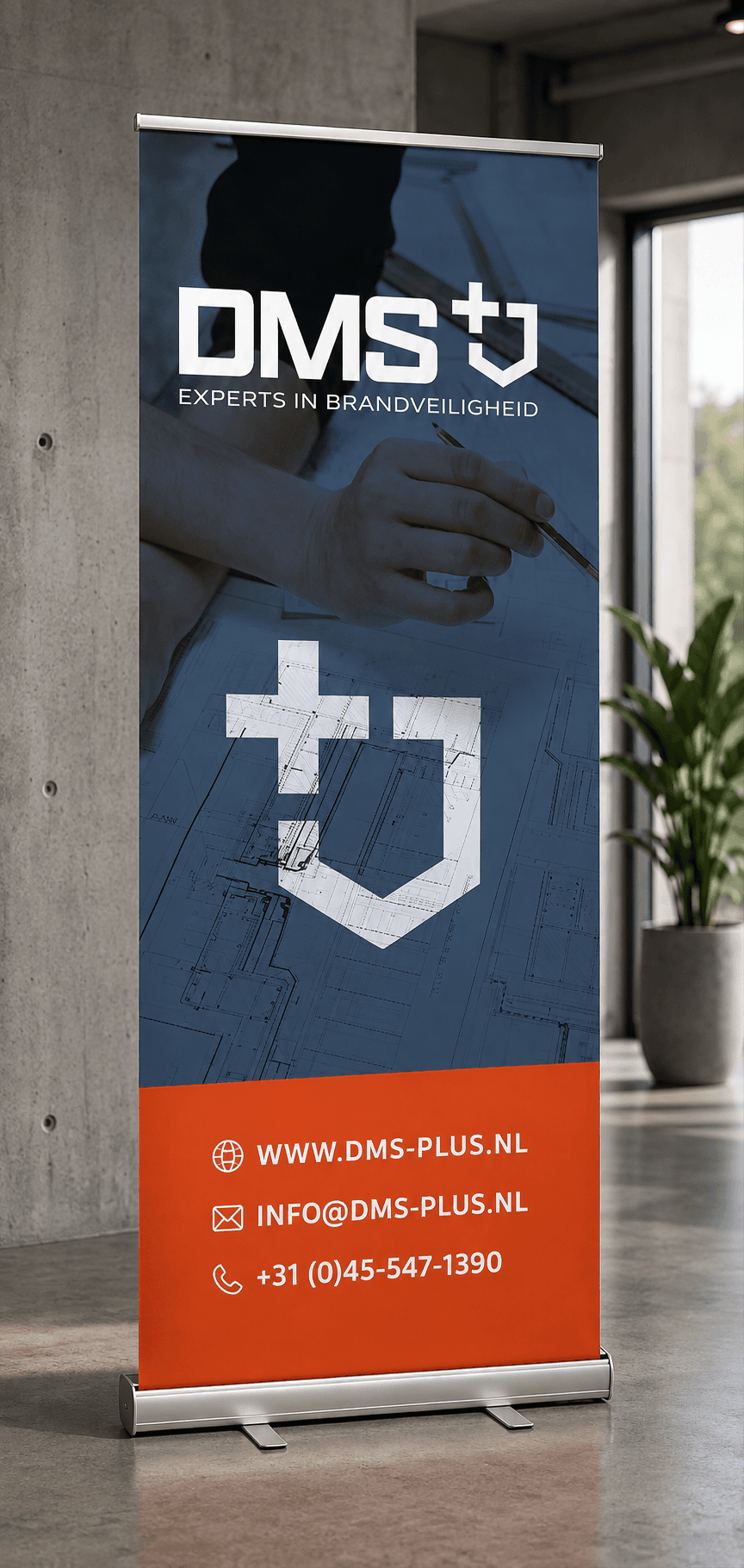 Roll-up banner set up in an office space