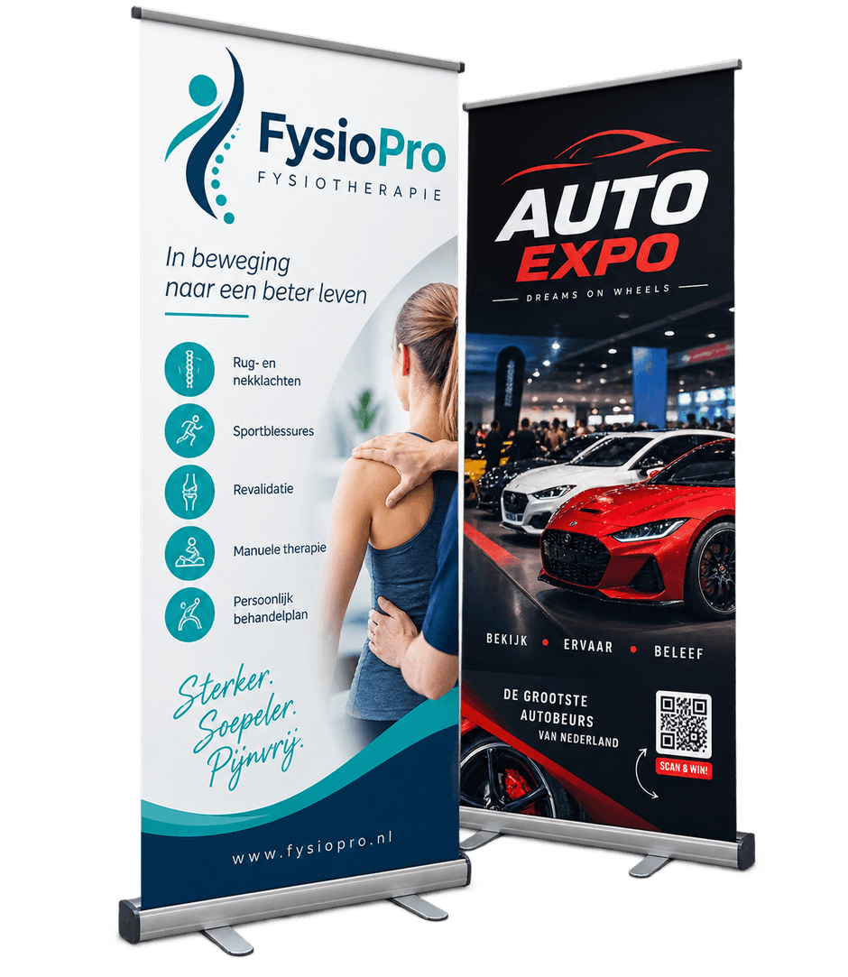 Two printed roll-up banners: one for a physiotherapy practice and one for a car show